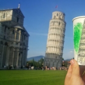 The artist travels the world and uses paper cups as canvas