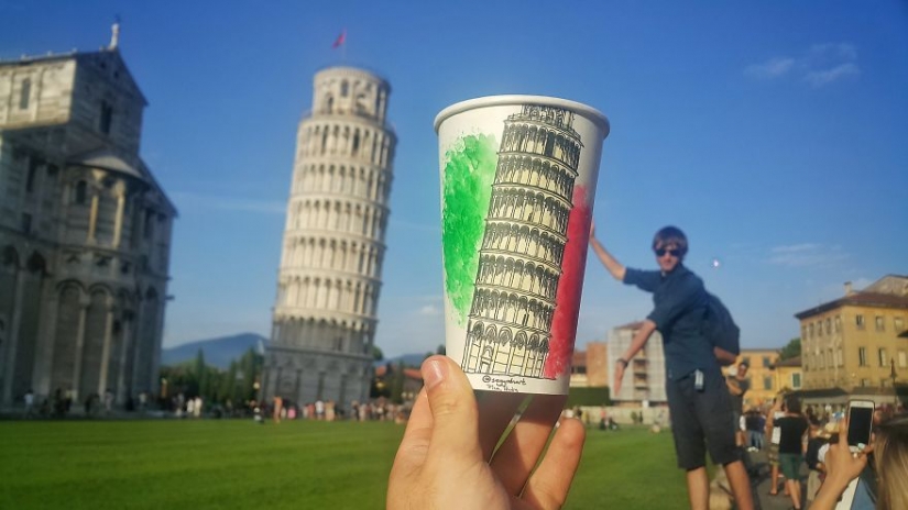 The artist travels the world and uses paper cups as canvas