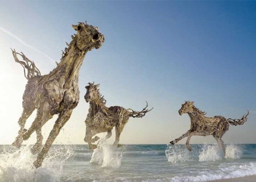 The artist turned driftwood into beautiful sculptures of moving animals