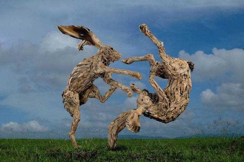The artist turned driftwood into beautiful sculptures of moving animals