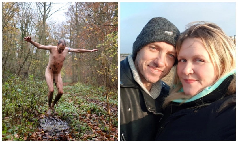 Un par de nudistas desde el reino unido divertido hacer fotos en el bosque, luchando con el estrés durante una pandemia