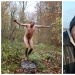 Un par de nudistas desde el reino unido divertido hacer fotos en el bosque, luchando con el estrés durante una pandemia