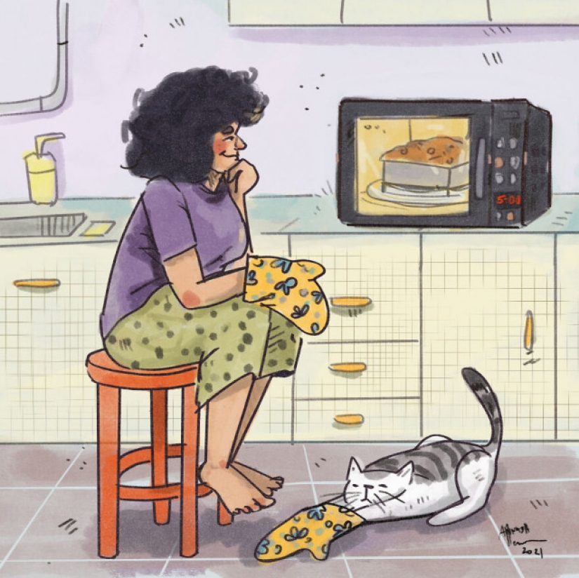 Vida en cuarentena con un gato en ilustraciones de la artista india Annada Menon