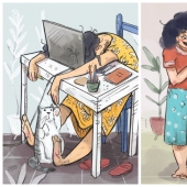 Vida en cuarentena con un gato en ilustraciones de la artista india Annada Menon