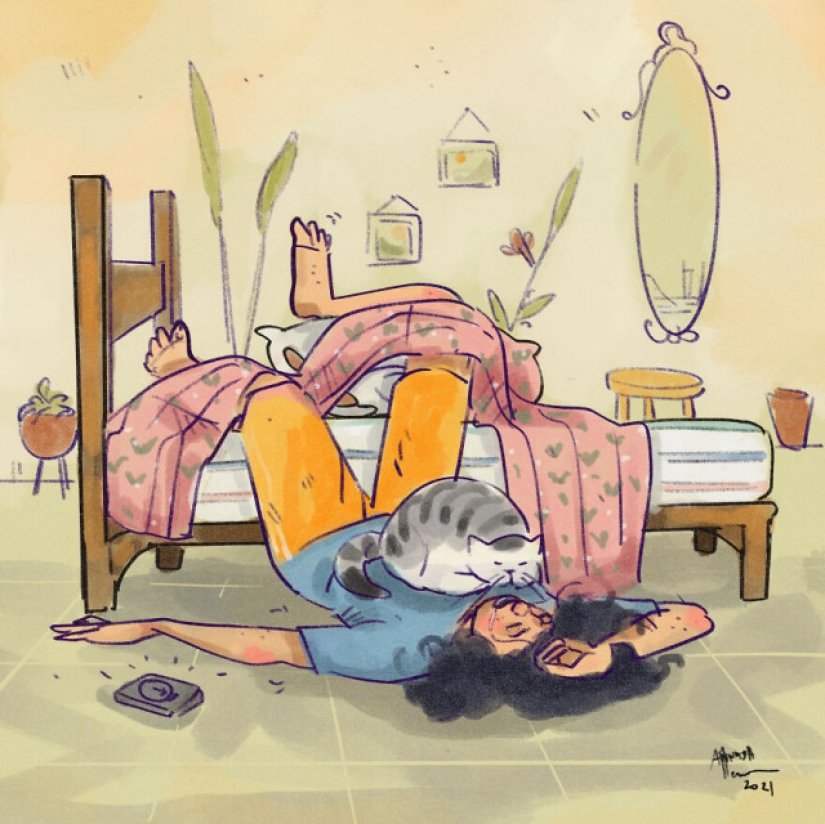 Vida en cuarentena con un gato en ilustraciones de la artista india Annada Menon