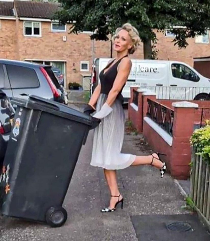 Why would this woman every week was taking out the trash in a new dress