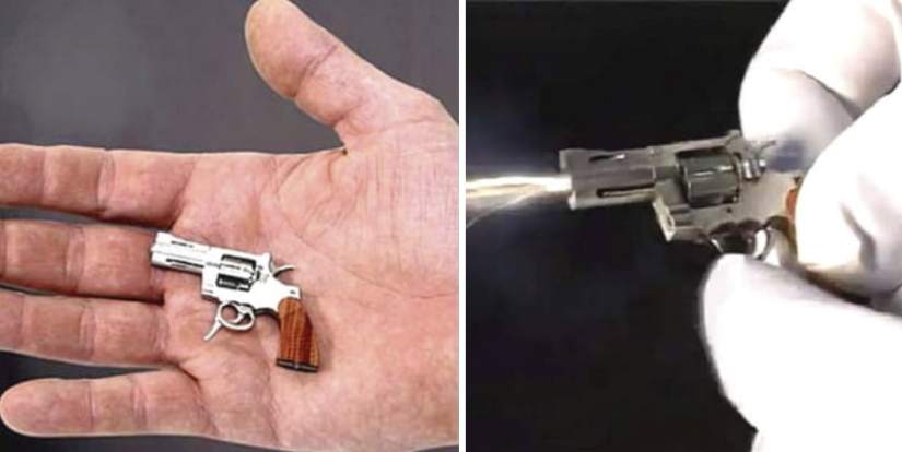 Yes, he's shooting! The smallest combat revolver was made in Switzerland