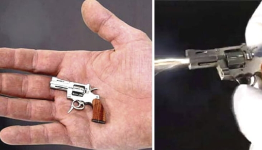 Yes, he's shooting! The smallest combat revolver was made in Switzerland