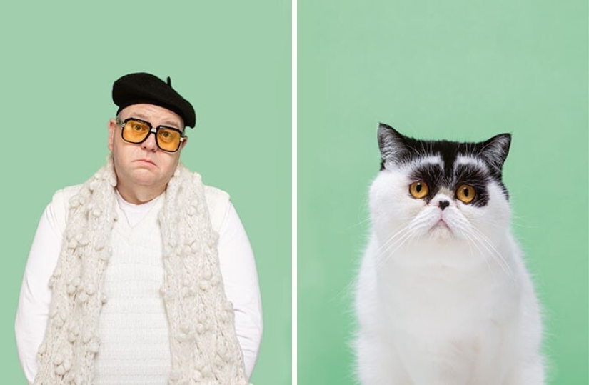 17 portraits of cats and people, incredibly similar to each other