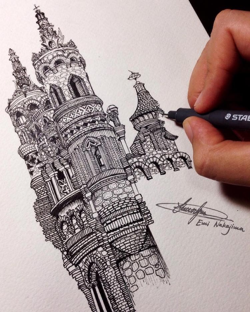 A charming girl from Japan draws architecture, and it's - wow!