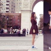 A couple in a long-distance relationship creates cool pictures where they are together