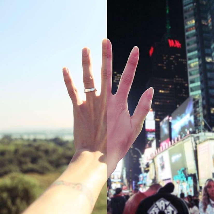 A couple in a long-distance relationship creates cool pictures where they are together