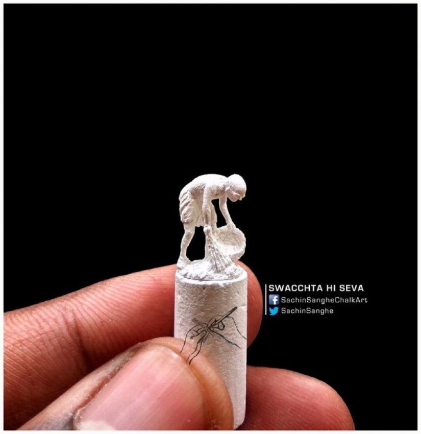 A guy from India carves incredible tiny sculptures out of small crayons