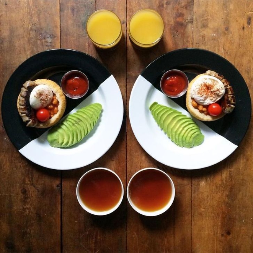 A man makes symmetrical breakfasts for his beloved every day