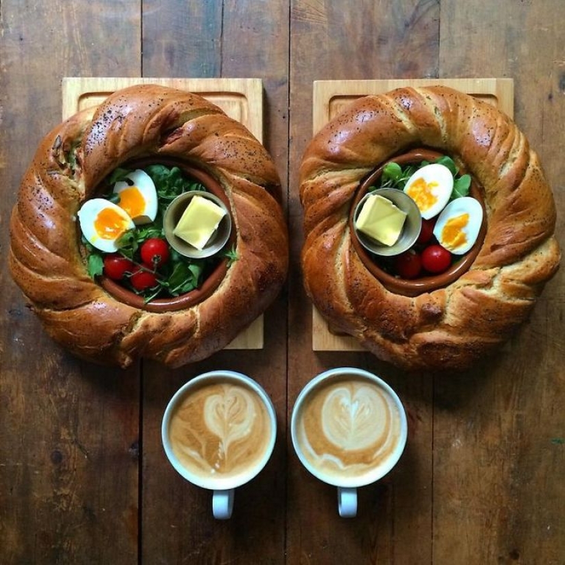 A man makes symmetrical breakfasts for his beloved every day