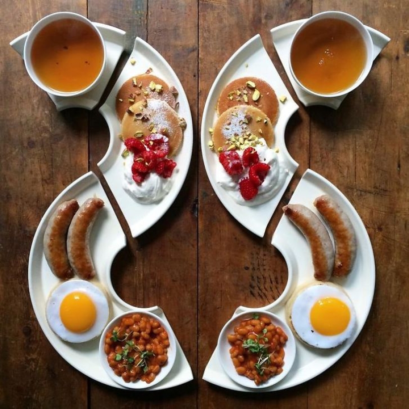 A man makes symmetrical breakfasts for his beloved every day