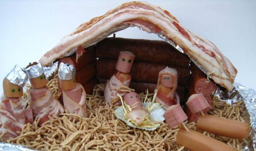 A nativity scene with sausages: a traditional scene in an unconventional performance