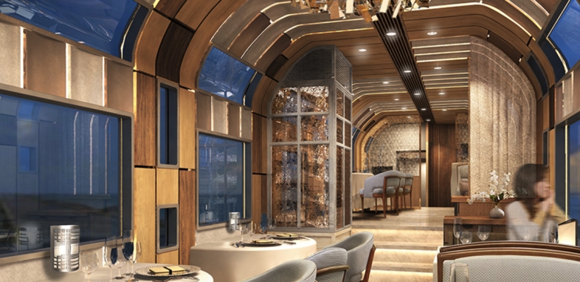 A new luxury train with two-story compartments and panoramic windows has been launched in Japan