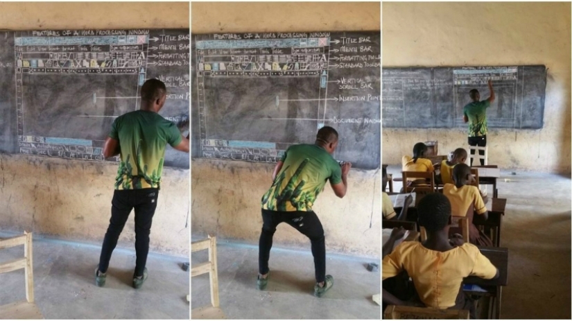 African schoolchildren who studied Word from drawings on the blackboard donated computers