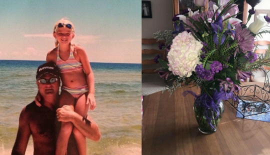 An American woman receives flowers for her birthday from her father who died five years ago
