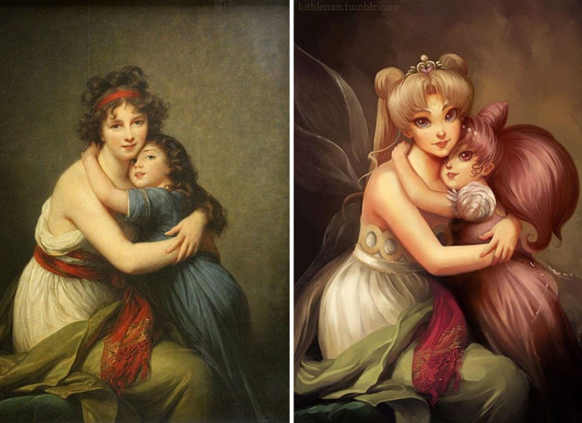 Artist adds anime characters to classic canvases