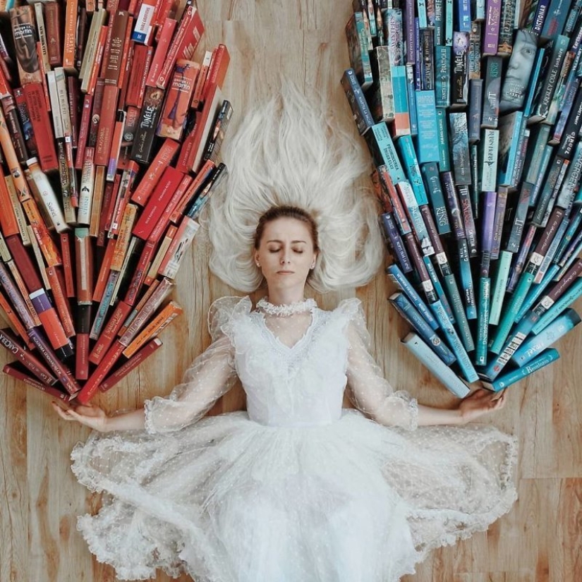 Books as art: a girl puts out colorful installations from her library