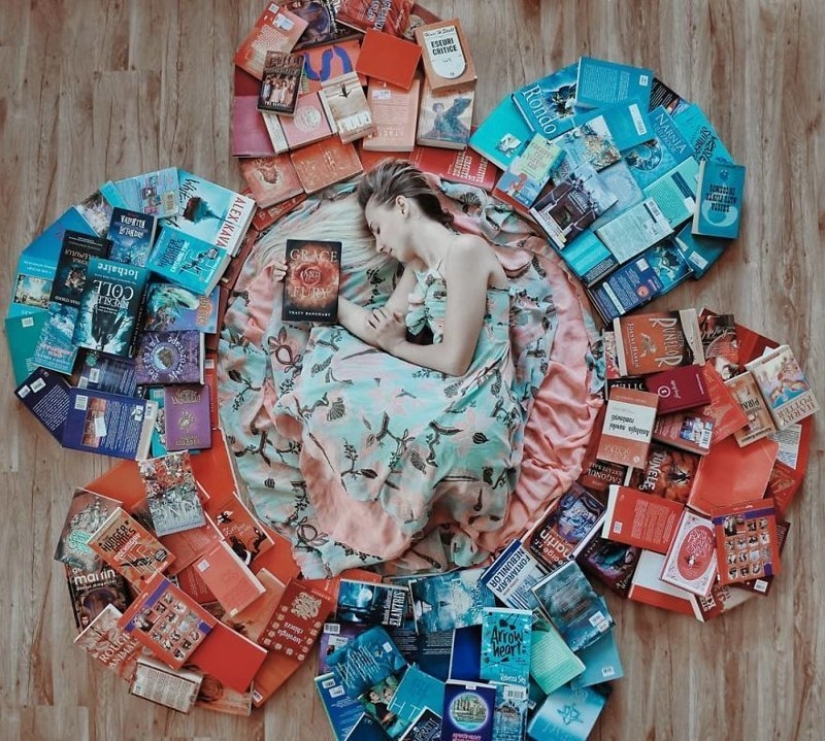 Books as art: a girl puts out colorful installations from her library