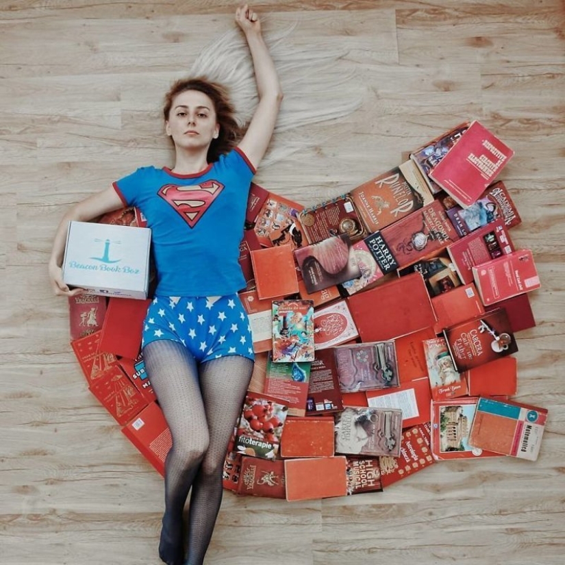 Books as art: a girl puts out colorful installations from her library