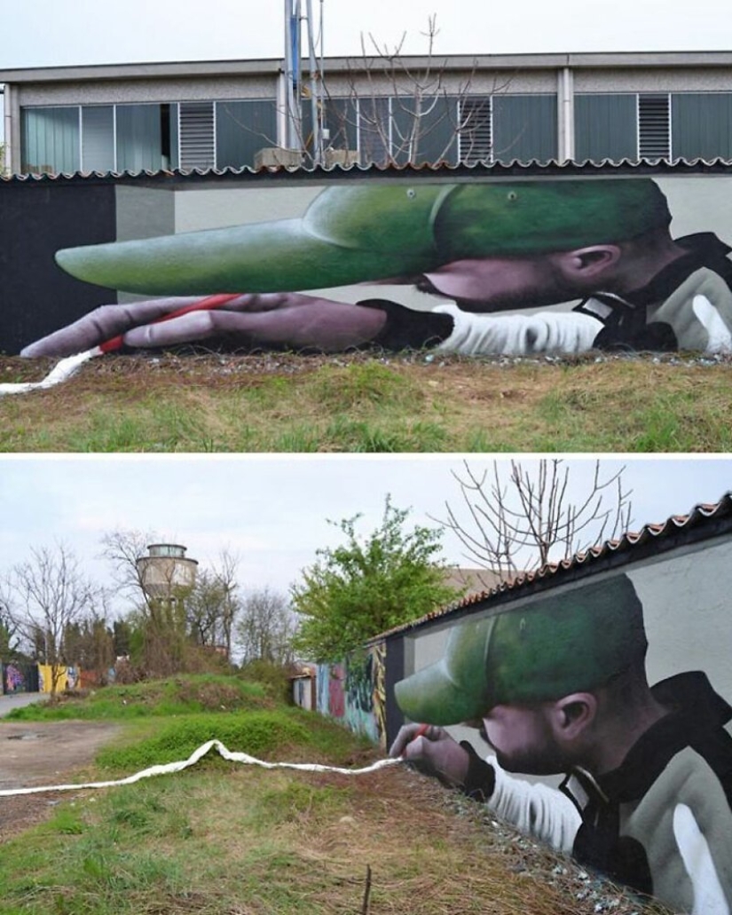 Callejero interactivo de arte: el artista entra en 3D pinturas en la calle