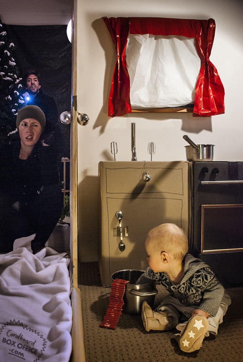 Cardboard and a little imagination: a two-year-old boy and his parents recreate scenes from movies and TV series