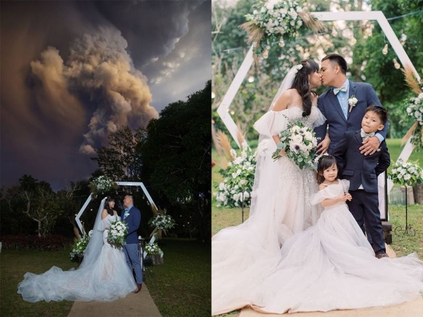 Ceremonia de boda con el telón de fondo de un volcán en erupción en Filipinas