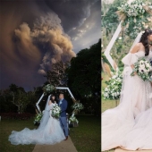 Ceremonia de boda con el telón de fondo de un volcán en erupción en Filipinas