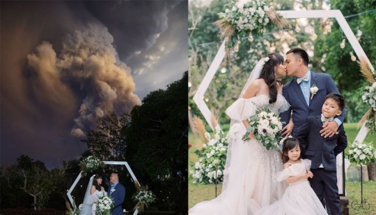 Ceremonia de boda con el telón de fondo de un volcán en erupción en Filipinas