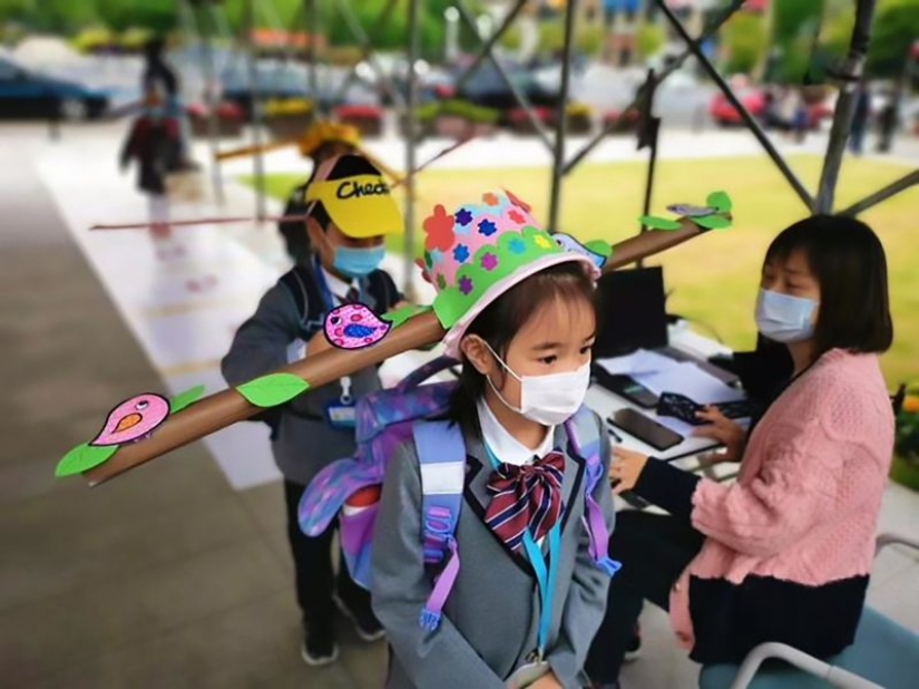 Chinese Kids Go to School wearing Funny Hats for Social Distancing