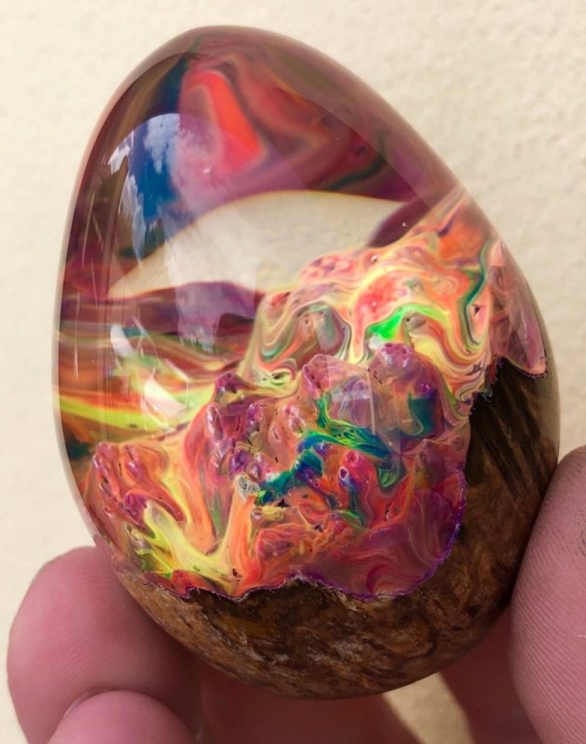 Colorful dragon eggs made of resin and wood by Australian artist Ben Works