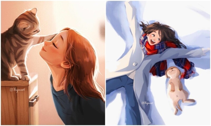 Cute drawings of a girl under the nickname Peijin about how animals improve our lives