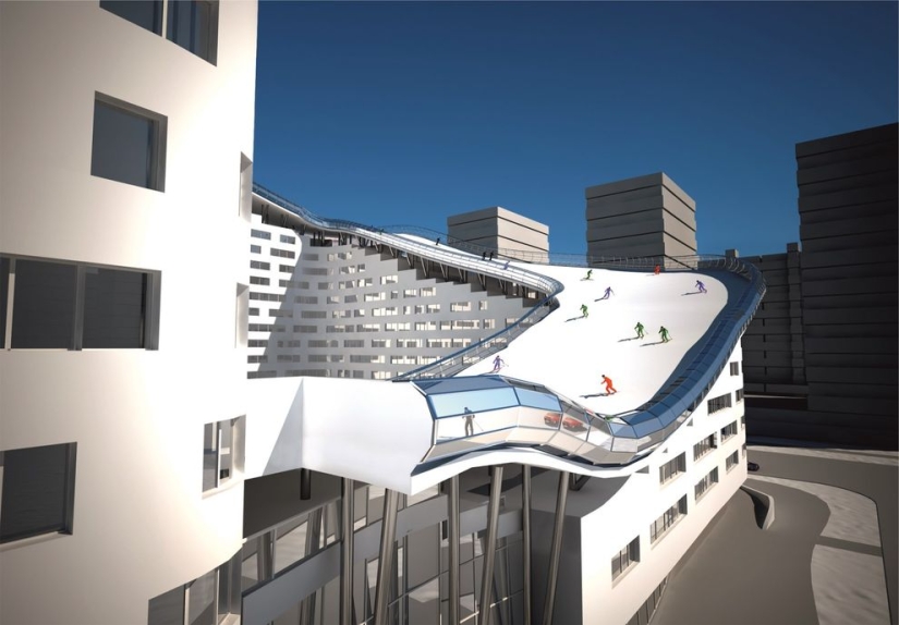 Del umbral a la tabla de snowboard: el proyecto de un edificio residencial con una pista de esquí en el techo