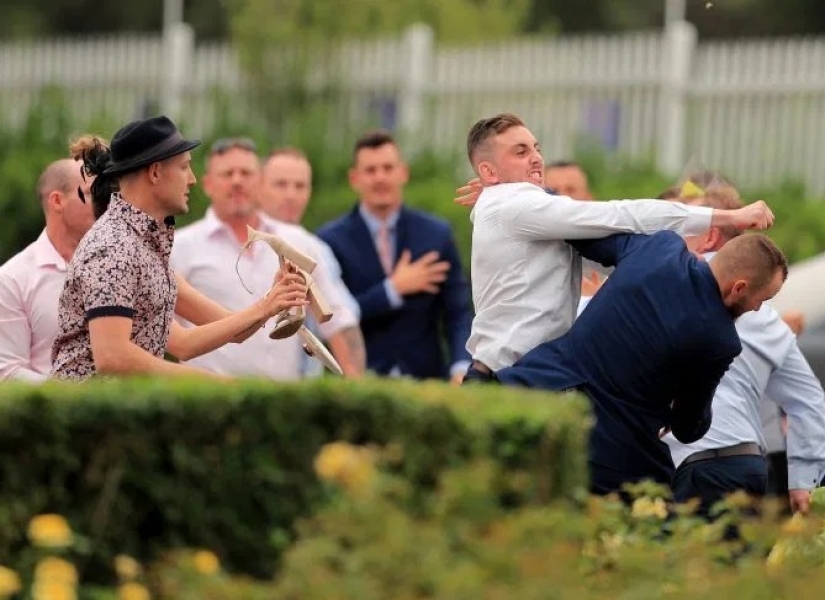 Don't wake the beast in her: a girl whipped a bully with a bouquet during a mass brawl at a horse race in Australia