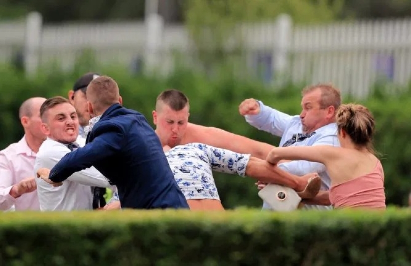 Don't wake the beast in her: a girl whipped a bully with a bouquet during a mass brawl at a horse race in Australia