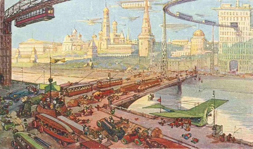 "Downers are sneaking around on air slides": Moscow of the XXII-XXIII centuries on postcards of 1914