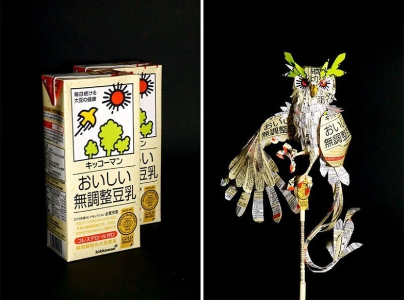El artista japonés Harukiru transforma envases en obras de arte