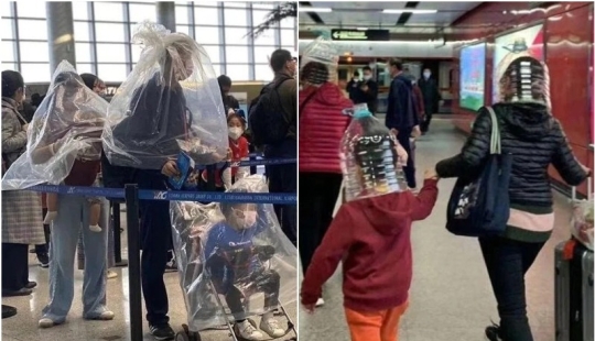Frightened passengers put bags and plastic bottles on their heads to protect themselves from the coronavirus