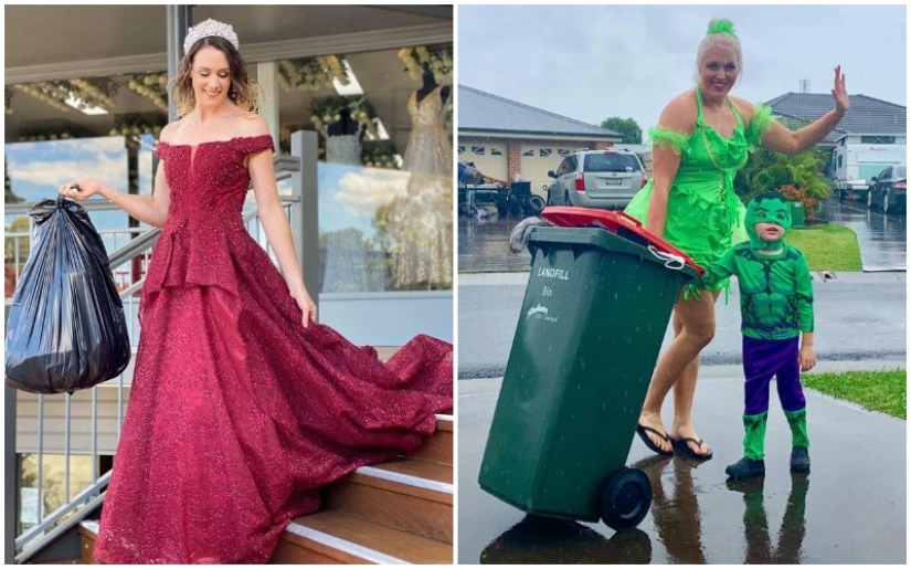 Front exit: during quarantine, people take out the trash in evening dresses and funny costumes