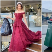 Front exit: during quarantine, people take out the trash in evening dresses and funny costumes