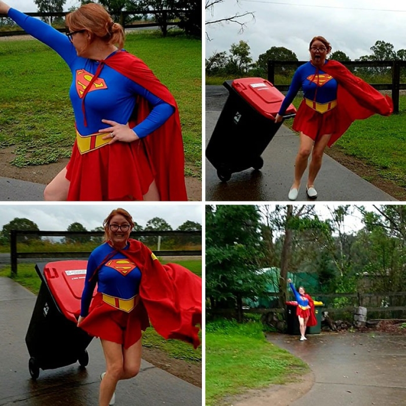 Front exit: during quarantine, people take out the trash in evening dresses and funny costumes