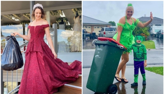 Front exit: during quarantine, people take out the trash in evening dresses and funny costumes