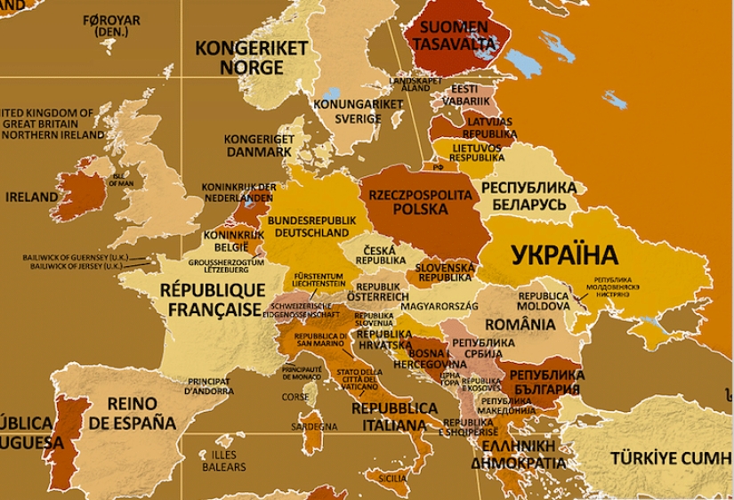 Hello, Belarus! A map has been created on which the names of countries are written in their native language