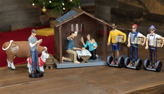 Hipster Christmas nativity scene is, firstly, ironic