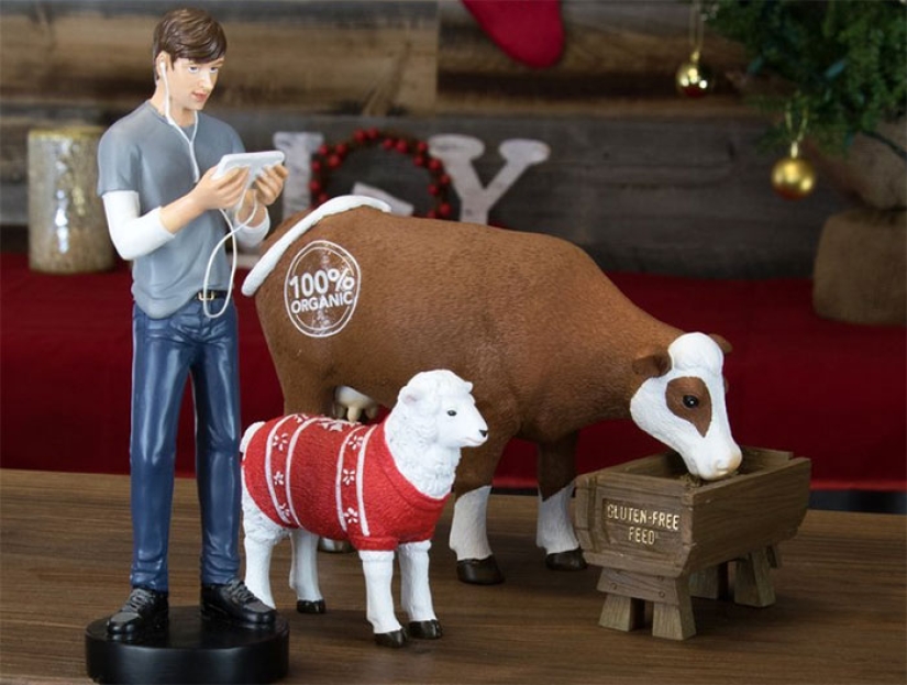 Hipster Christmas nativity scene is, firstly, ironic