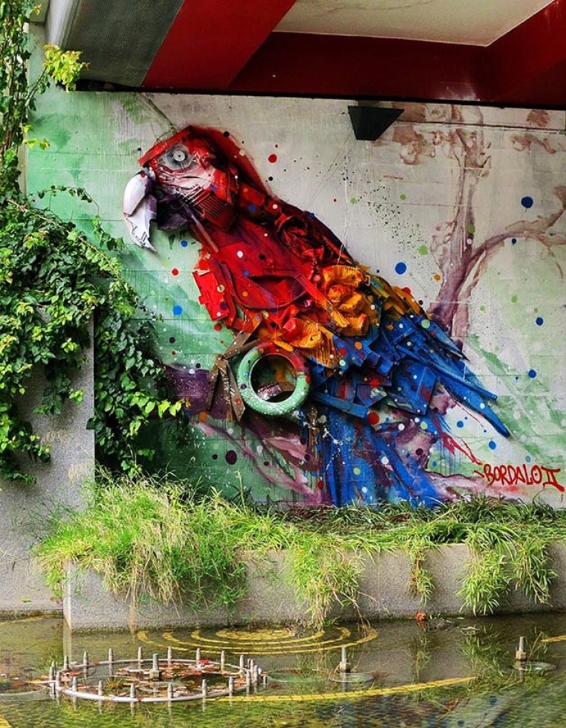 Impresionante arte callejero en forma de animales hechos completamente de basura
